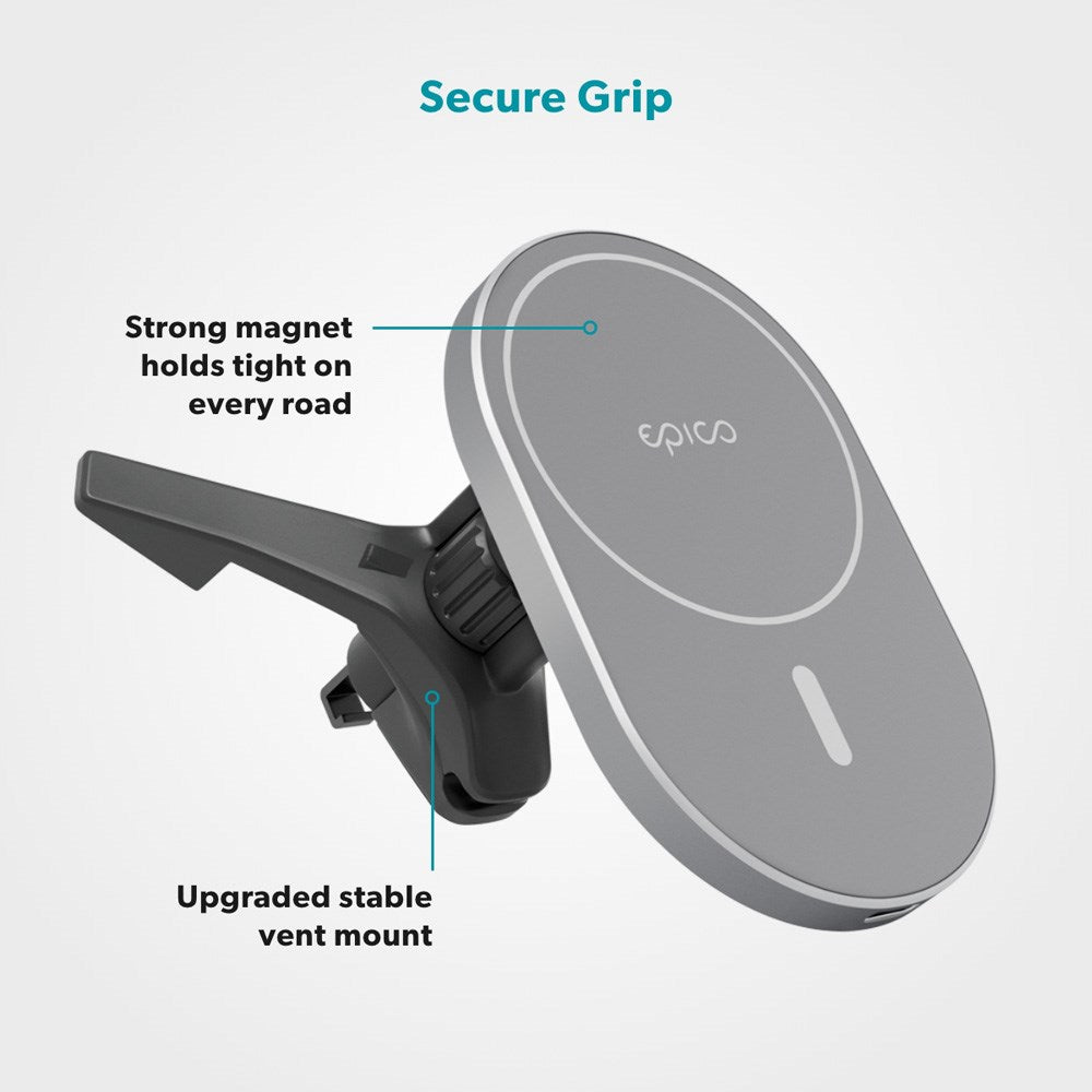 Epico Magnetisk Mobilholder til Bilens Ventilation m. 15W Trådløs Opladning & 18W Biloplader - MagSafe Kompatibel - Space Grey