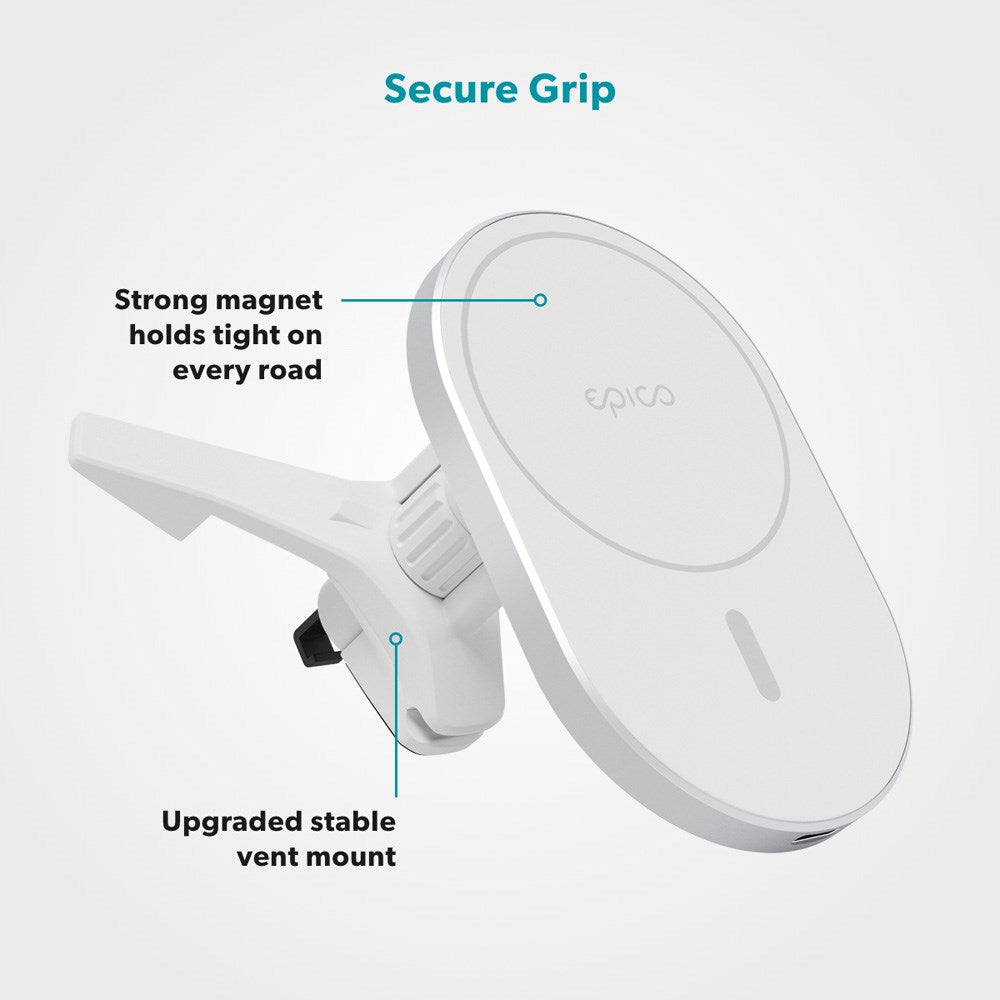 Epico Magnetisk Mobilholder til Bilens Ventilation m. 15W Trådløs Opladning & 18W Biloplader - MagSafe Kompatibel - Hvid