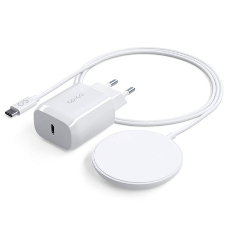 Epico 15W Magnetisk Trådløs Oplader Pad m. 20W PD Vægoplader - MagSafe Kompatibel - Hvid