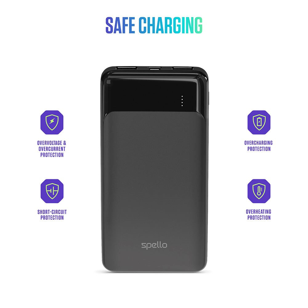 Spello 10W Powerbank m. 2 x USB-A & 1 x USB-C - 10.000 mAh - Sort