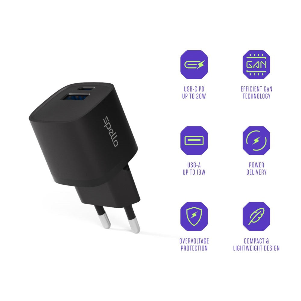 Spello 20W PD Vægoplader m. 1 x USB-C / 1 x USB-A - Sort