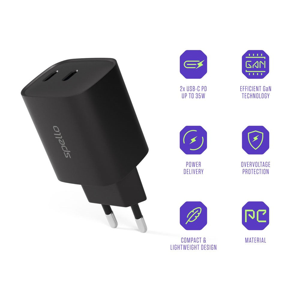 Spello 35W PD Vægoplader m. 2 x USB-C - Sort