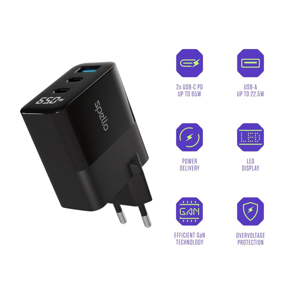 Spello 65W PD Vægoplader m. 2 x USB-C / 1 x USB-A - Sort