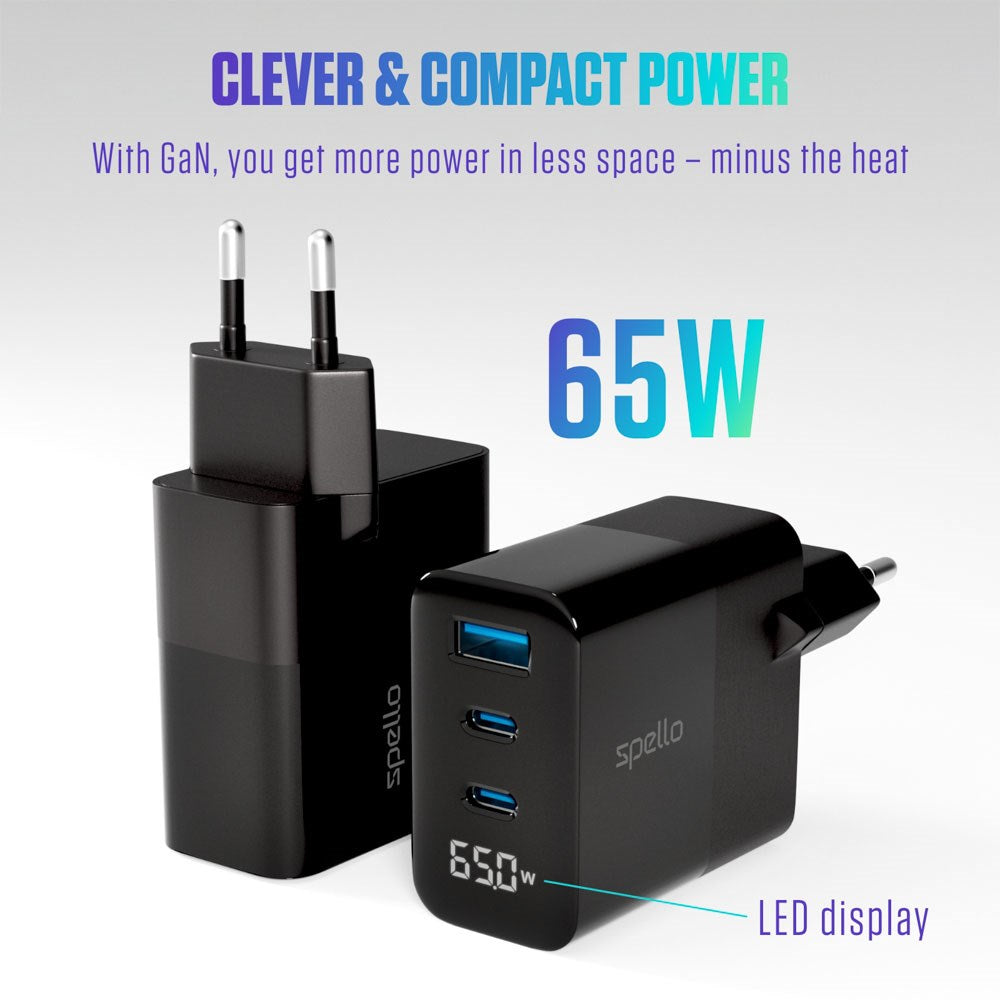 Spello 65W PD Vægoplader m. 2 x USB-C / 1 x USB-A - Sort