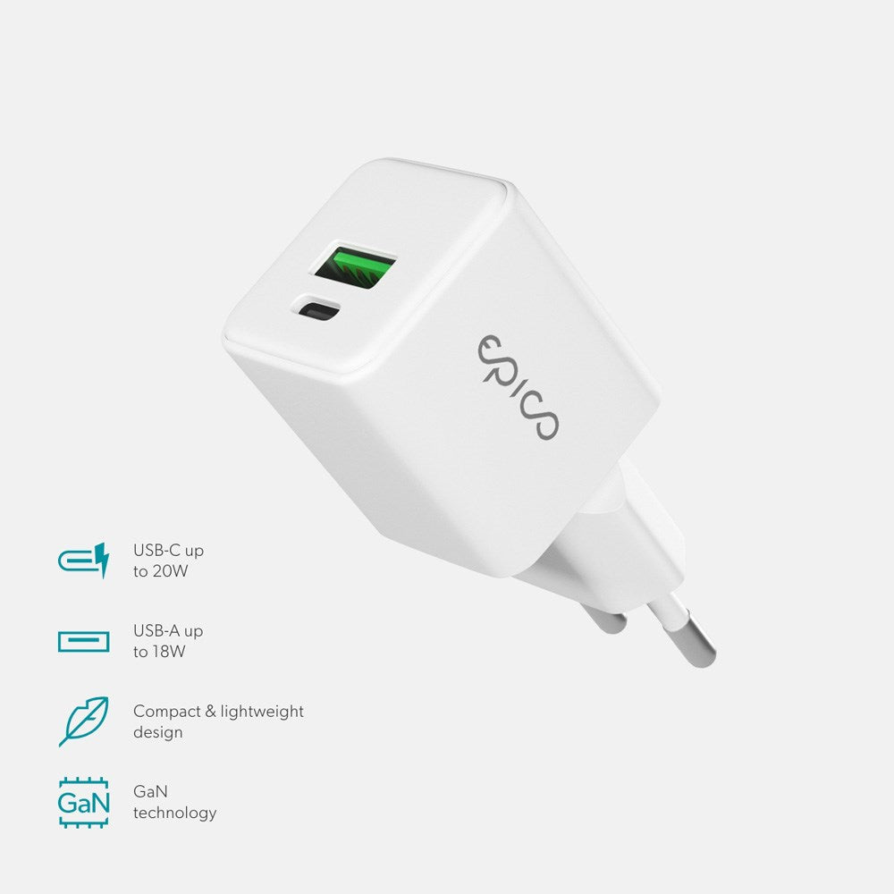 Epico - UltraBoost GaN 20W Vægoplader - 1x USB-C / 1x USB-A - Hvid
