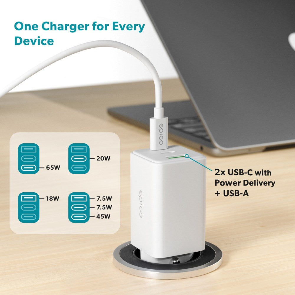 Epico - UltraBoost GaN 65W Vægoplader - 2x USB-C / 1x USB-A - Hvid