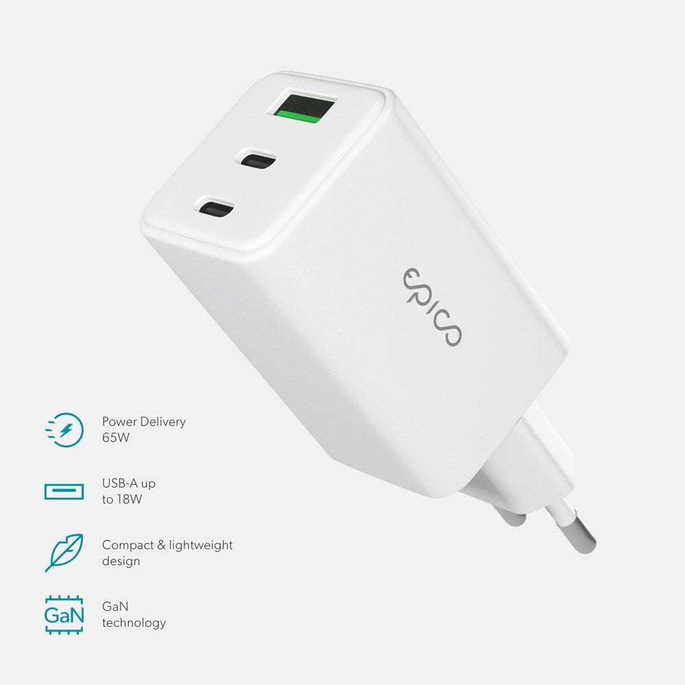 Epico - UltraBoost GaN 65W Vægoplader - 2x USB-C / 1x USB-A - Hvid