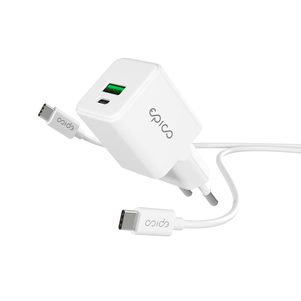 Epico - UltraBoost GaN 20W Vægoplader m. 1.2m USB-C til USB-C Kabel - 1x USB-C / 1x USB-A - Hvid
