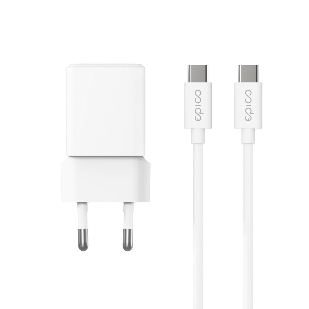 Epico - UltraBoost GaN 20W Vægoplader m. 1.2m USB-C til USB-C Kabel - 1x USB-C / 1x USB-A - Hvid