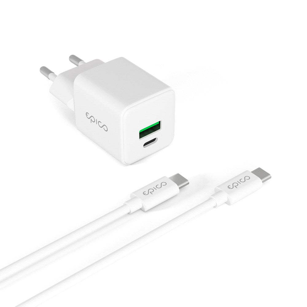 Epico - UltraBoost GaN 20W Vægoplader m. 1.2m USB-C til USB-C Kabel - 1x USB-C / 1x USB-A - Hvid