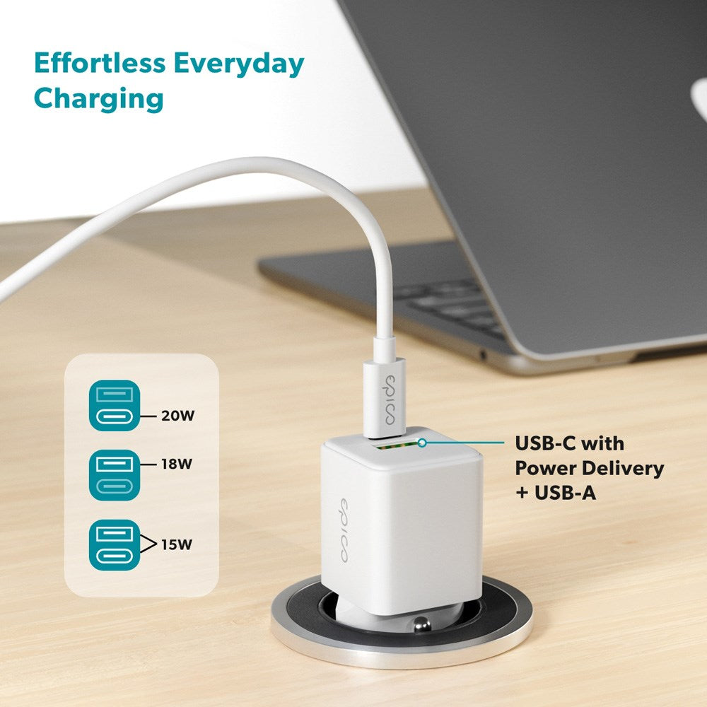 Epico - UltraBoost GaN 20W Vægoplader m. 1.2m USB-C til USB-C Kabel - 1x USB-C / 1x USB-A - Hvid