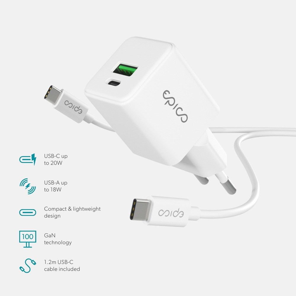 Epico - UltraBoost GaN 20W Vægoplader m. 1.2m USB-C til USB-C Kabel - 1x USB-C / 1x USB-A - Hvid