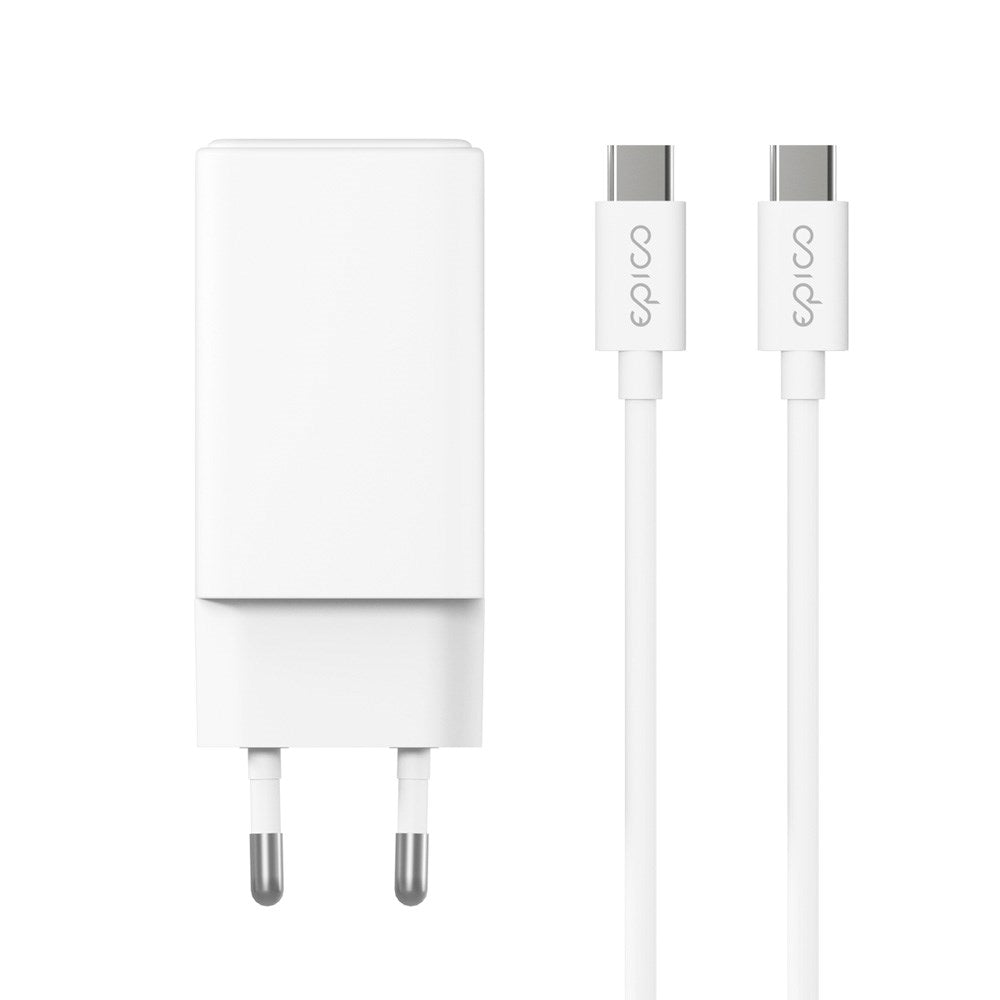 Epico - UltraBoost GaN 65W Vægoplader m. 1.2m USB-C til USB-C Kabel - 2x USB-C / 1x USB-A - Hvid