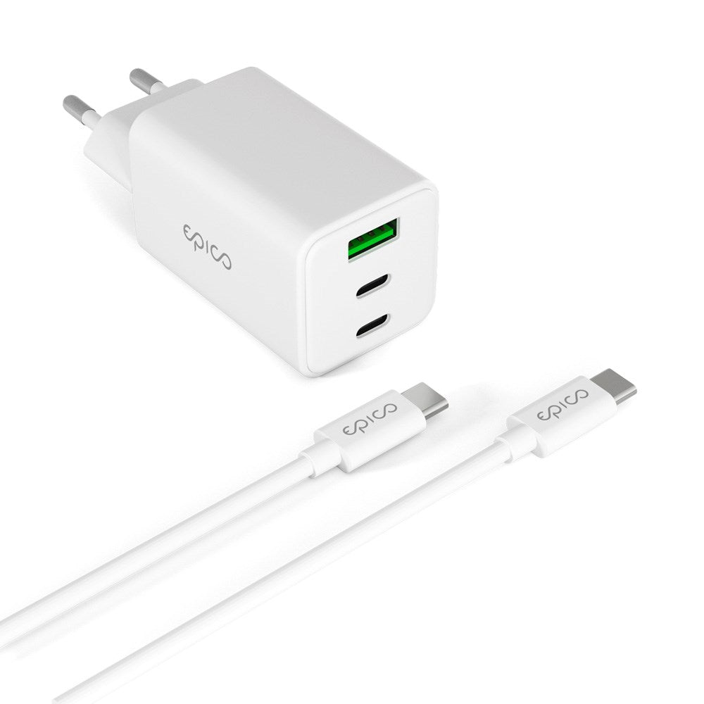 Epico - UltraBoost GaN 65W Vægoplader m. 1.2m USB-C til USB-C Kabel - 2x USB-C / 1x USB-A - Hvid