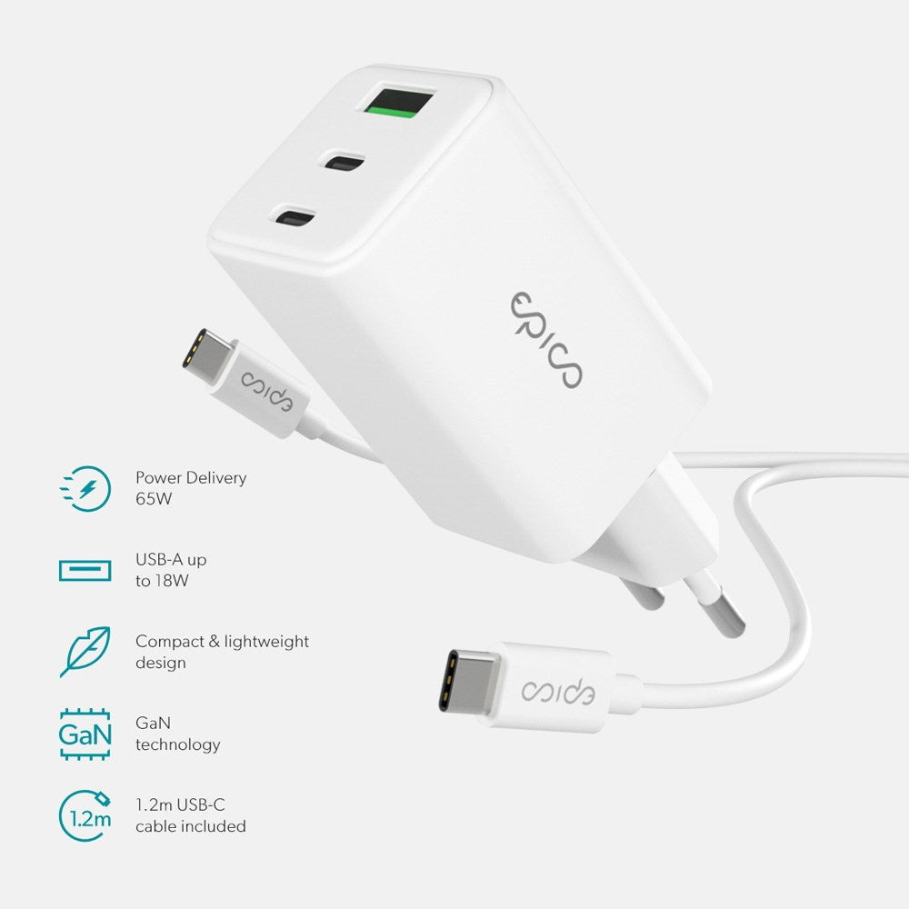 Epico - UltraBoost GaN 65W Vægoplader m. 1.2m USB-C til USB-C Kabel - 2x USB-C / 1x USB-A - Hvid