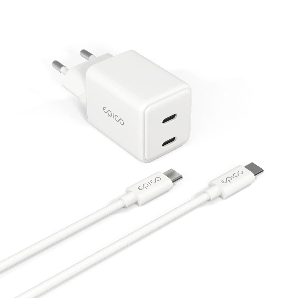 Epico - UltraBoost GaN 35W Vægoplader m. 1.2m USB-C til USB-C Kabel - 2x USB-C - Hvid