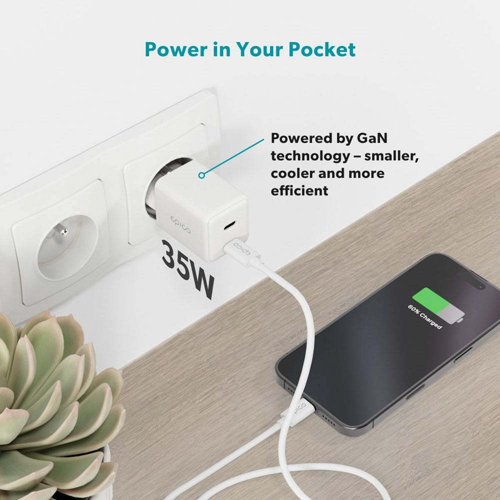 Epico - UltraBoost GaN 35W Vægoplader m. 1.2m USB-C til USB-C Kabel - 2x USB-C - Hvid