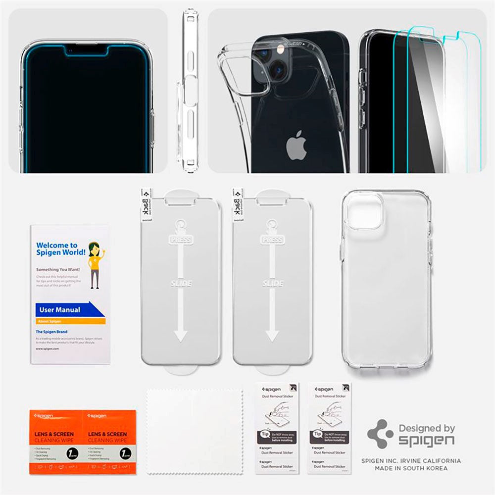 Spigen iPhone 14 Plus Crystal Pack Set m. Cover og 2 stk. Beskyttelsesglas - Gennemsigtig