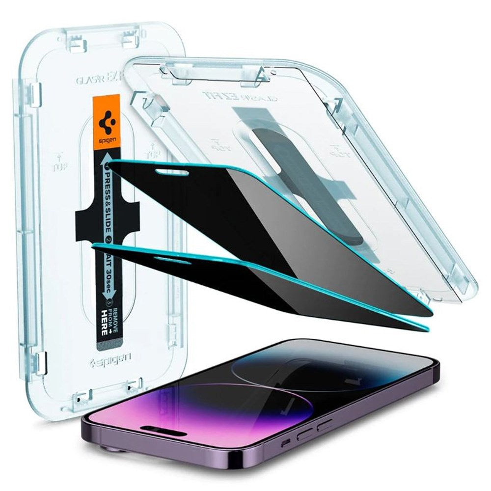 iPhone 14 Pro Max - Spigen Privacy EZ Fit Glass Skærmbeskyttelse - 2 stk - Privacy Funktion - Gennemsigtig