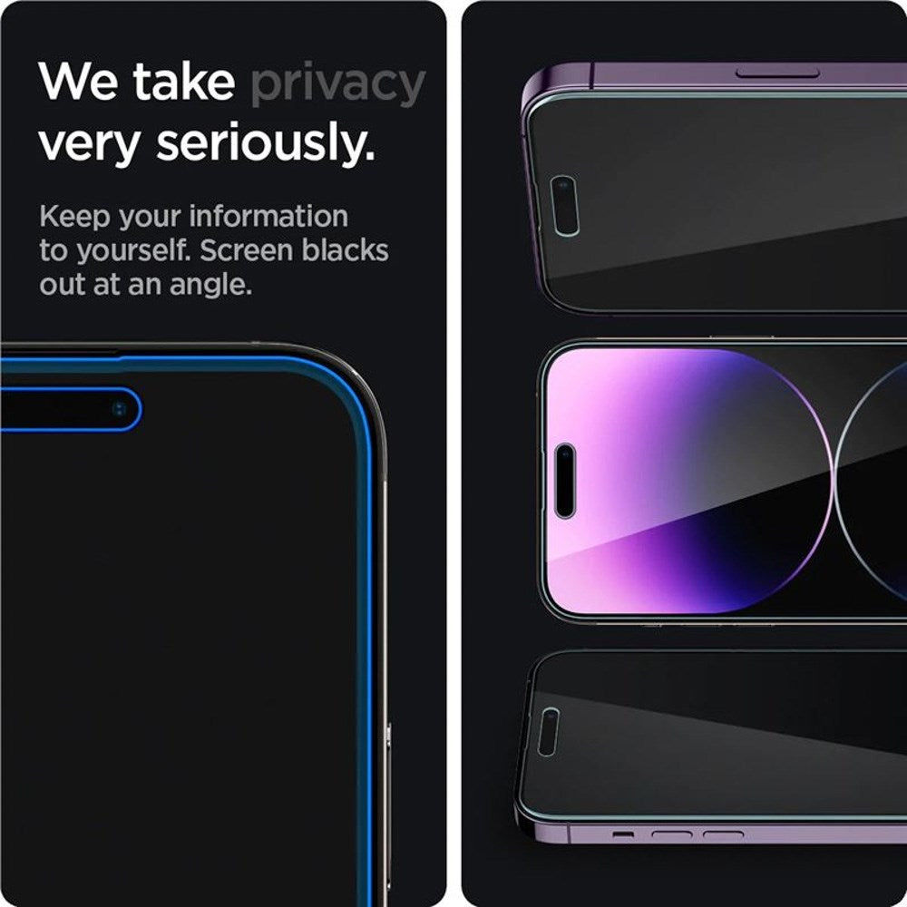 iPhone 14 Pro - Spigen Privacy EZ Fit Glass Skærmbeskyttelse - 2 stk - Privacy Funktion - Gennemsigtig