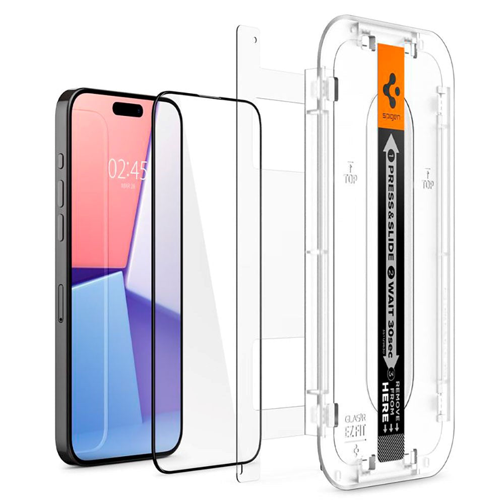 Spigen iPhone 15 Pro EZ Fit Glas.tR Skærmbeskyttelse 2. Stk - Case Friendly - Sort Kant