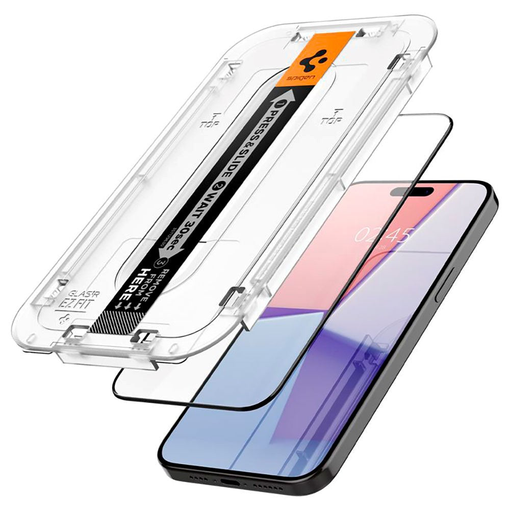 Spigen iPhone 15 Pro EZ Fit Glas.tR Skærmbeskyttelse 2. Stk - Case Friendly - Sort Kant
