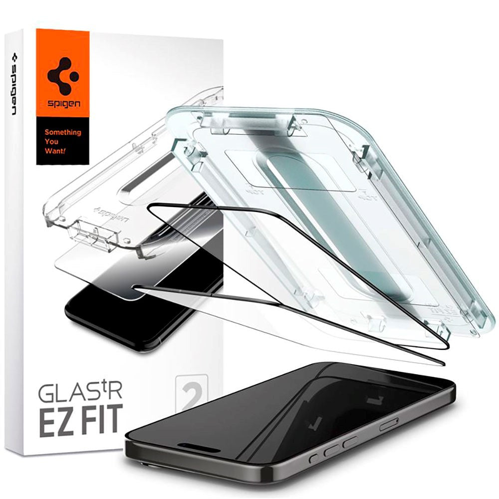 Spigen iPhone 15 Pro EZ Fit Glas.tR Skærmbeskyttelse 2. Stk - Case Friendly - Sort Kant