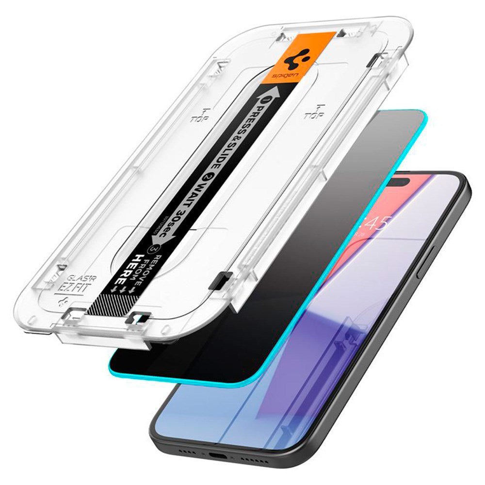 Spigen iPhone 15 / 16 EZ Fit Glas.tR Skærmbeskyttelse 2. Stk - Privacy Filter - Case Friendly - Gennemsigtig