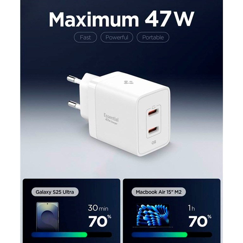 Spigen - 47W Vægoplader - 2x USB-C - Hvid