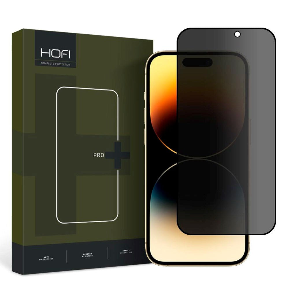 Hofi Glass Pro+ Skærmbeskyttelse m. Privacy Funktion til iPhone 15 Pro Max - Case Friendly - Gennemsigtig / Sort Kant