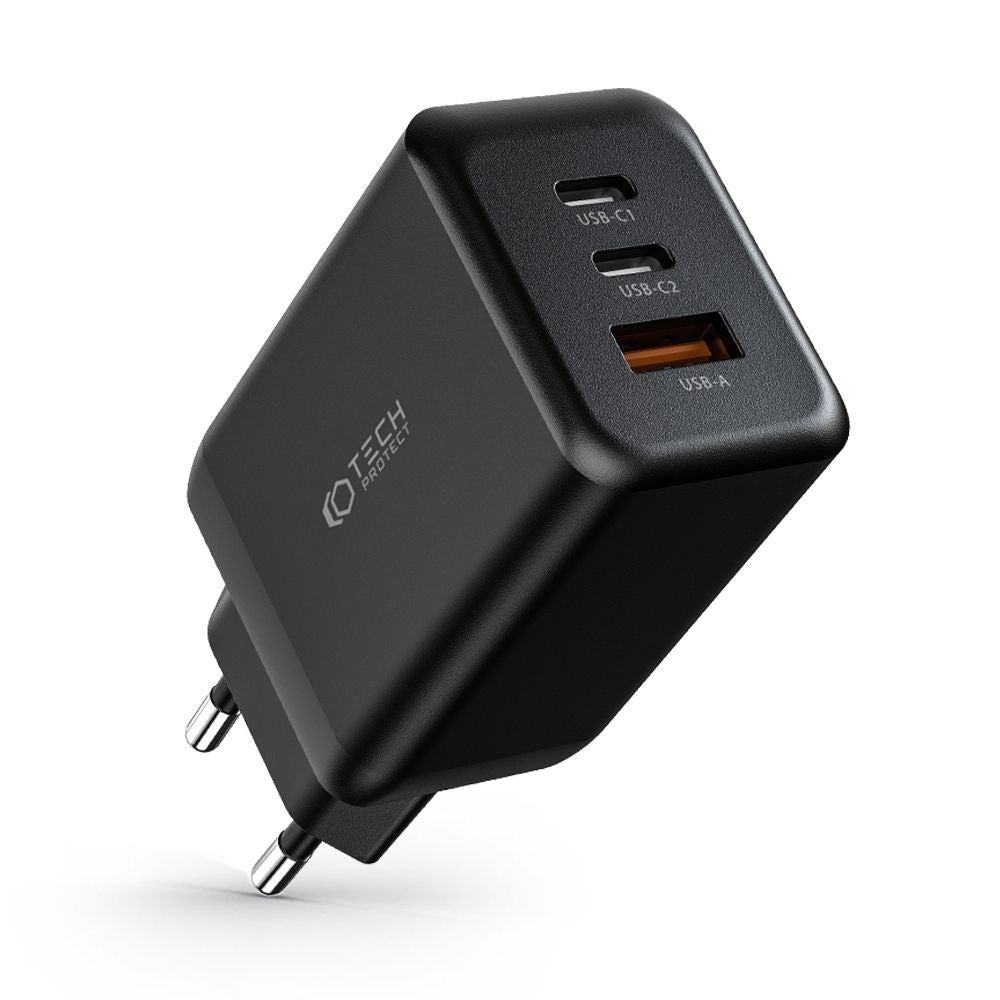 Tech-Protect NC Vægoplader PD 65W m. 2 x USB-C & 1 x USB-A - Sort