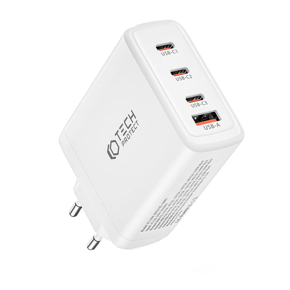 Tech-Protect Network 100W PD GaN Vægoplader m. 3 x USB-C & 1 x USB-A - Hvid