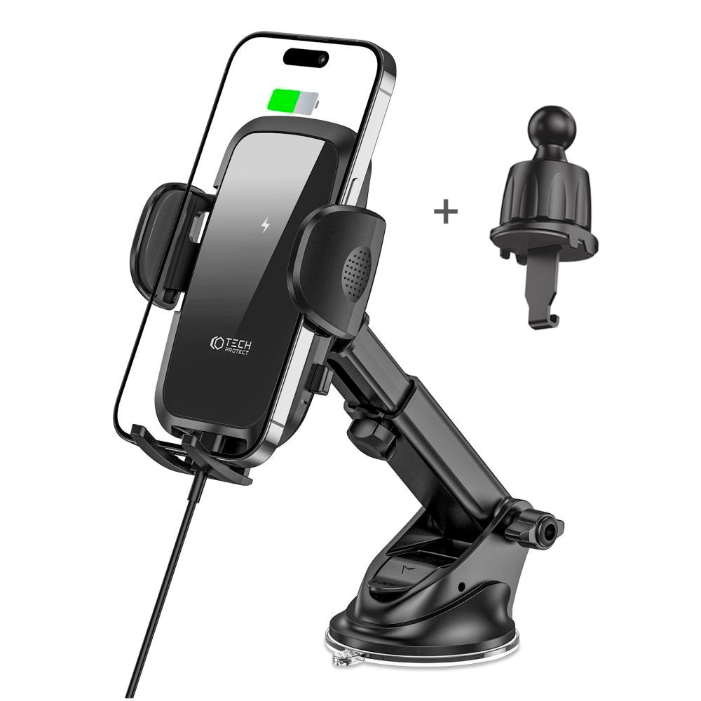 Tech-Protect Bilholder m. Trådløs Opladning til Instrumentbræt & Ventilationsanlæg - Maks Mobil: 50 - 95mm - Sort