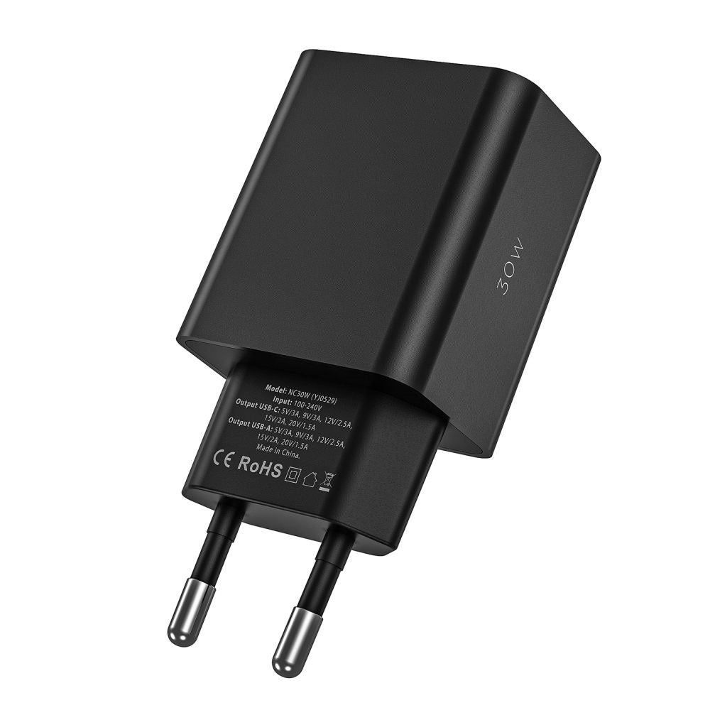 Tech-Protect Vægoplader 30W m. 1 x USB-A QC & 1 x USB-C PD - Sort