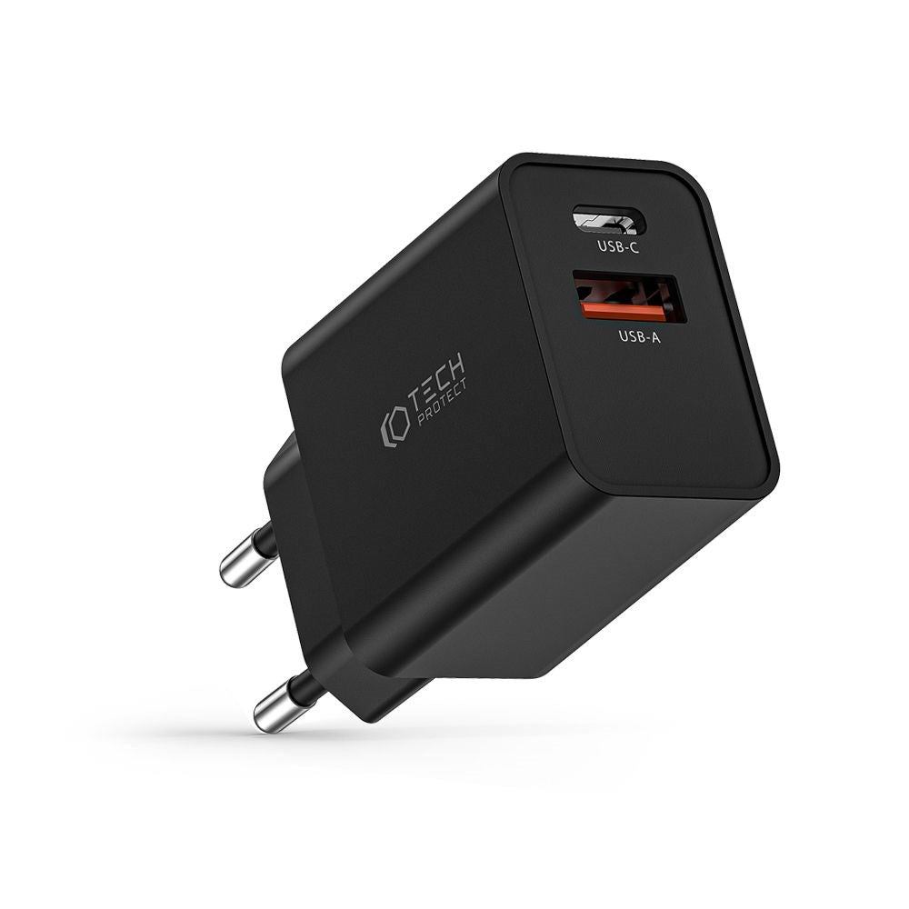 Tech-Protect Vægoplader 30W m. 1 x USB-A QC & 1 x USB-C PD - Sort