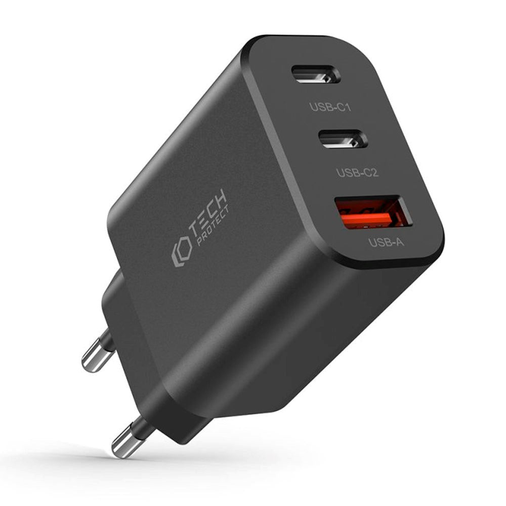 Tech-Protect NC Vægoplader 30W m. 2 x USB-C & 1 x USB-A - Sort