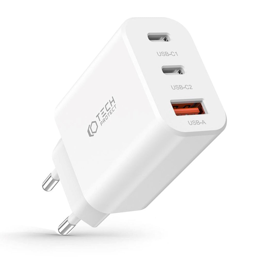 Tech-Protect Vægoplader 30W m. 2 x USB-C & 1 x USB-A - Hvid