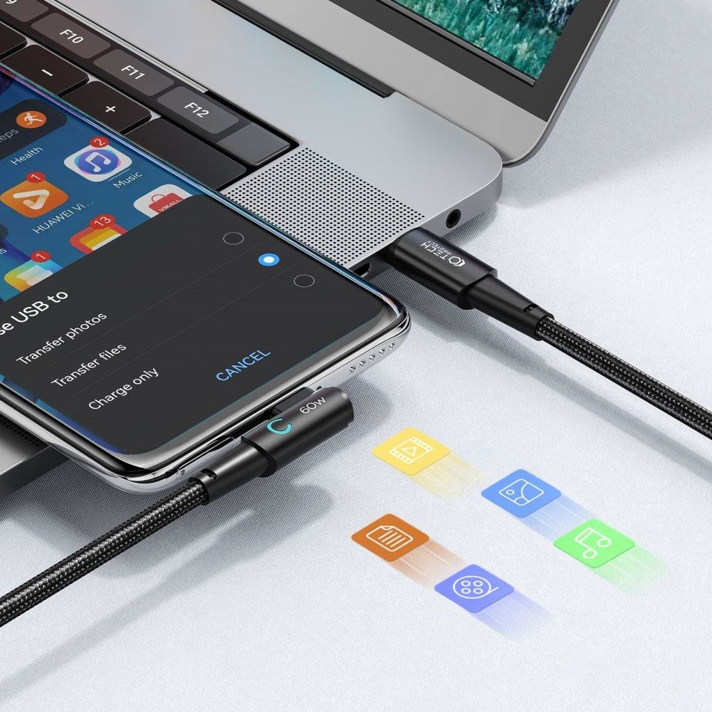 Tech-Protect Ultraboost Vinklet USB-C til USB-C Kabel 60W/6A - 1m - Sort