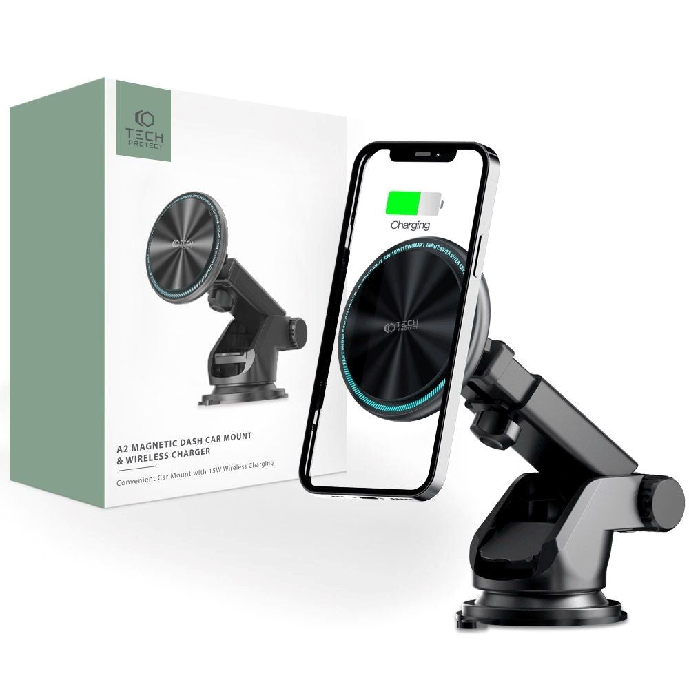 Tech-Protect A2 Magnetisk Bilholder til Dashboard m. Trådløs Opladning 15W - MagSafe Kompatibel - Sort
