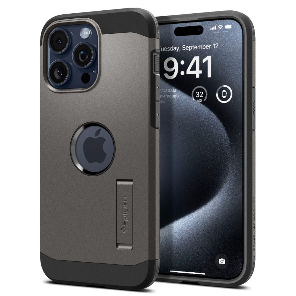 Spigen iPhone 15 Pro Tough Armor Case m. Kickstand - MagSafe Kompatibel - Gun Metal