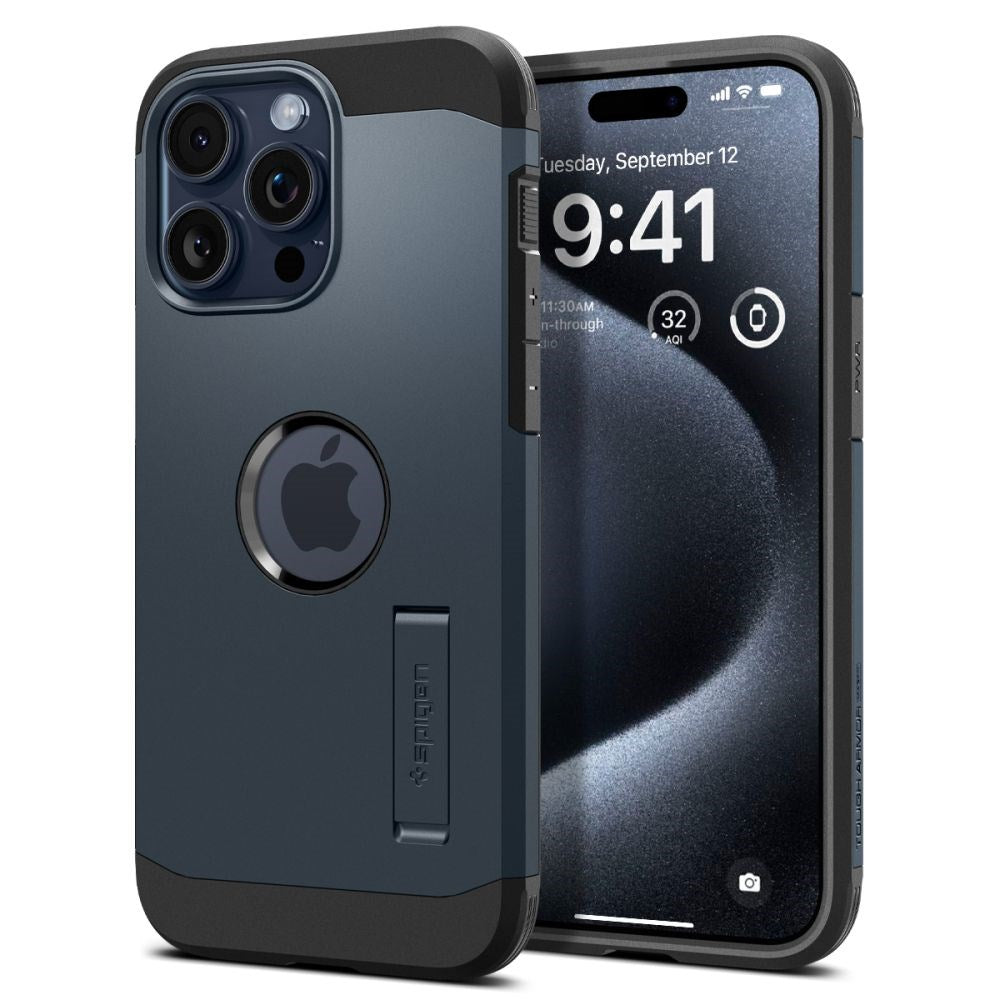 Spigen iPhone 15 Pro Tough Armor Case m. Kickstand - MagSafe Kompatibel - Metal Slate