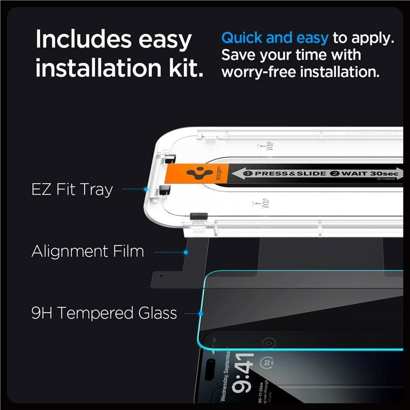 Spigen iPhone 15 Pro Max EZ Fit Glas.tR Skærmbeskyttelsesglas 2 Stk. - Privacy Filter - Case Friendly - Gennemsigtig