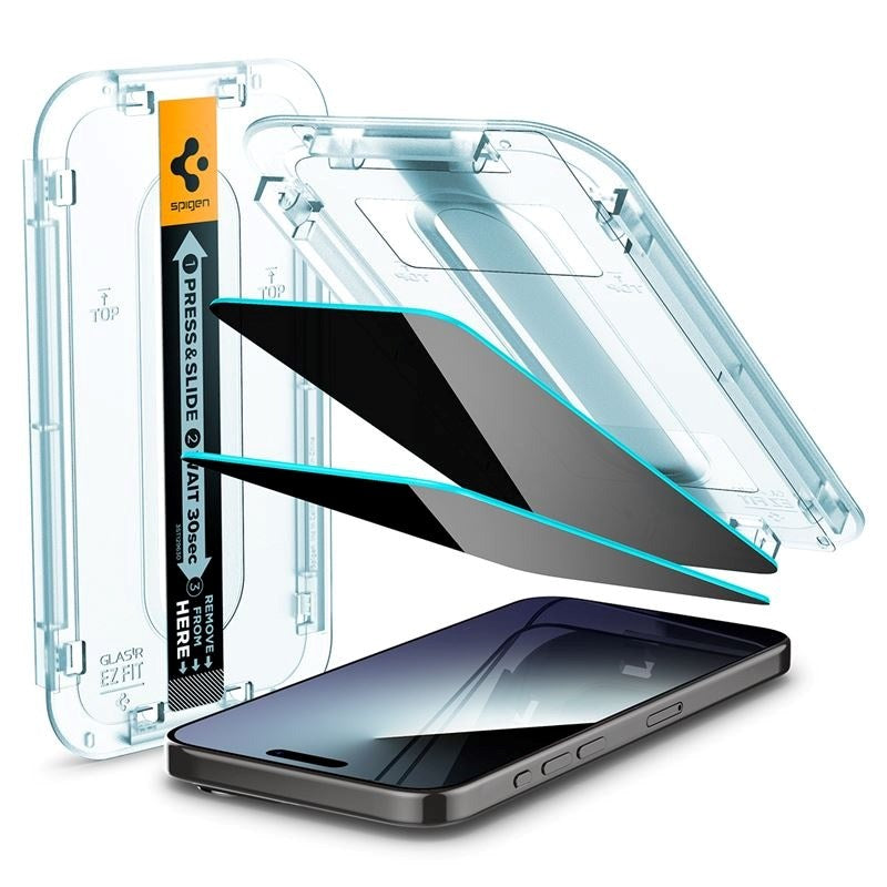 Spigen iPhone 15 Pro Max EZ Fit Glas.tR Skærmbeskyttelsesglas 2 Stk. - Privacy Filter - Case Friendly - Gennemsigtig