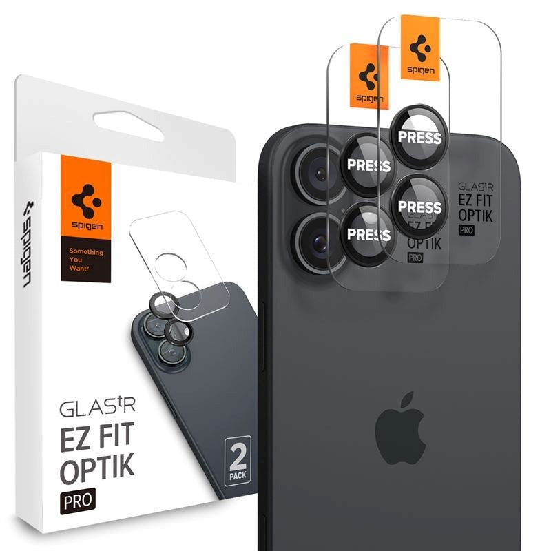 iPhone 17 / 16 / 16 Plus Spigen EZ Fit. tR Optik Pro Kameralinse Glas - 2 Stk - Gennemsigtig / Sort