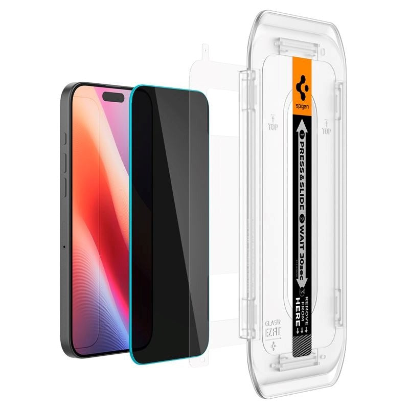 Spigen iPhone 17 / 17 Pro / 16 Pro EZ Fit Glas.tR Skærmbeskyttelse 2. Stk - Privacy Filter - Case Friendly - Gennemsigtig