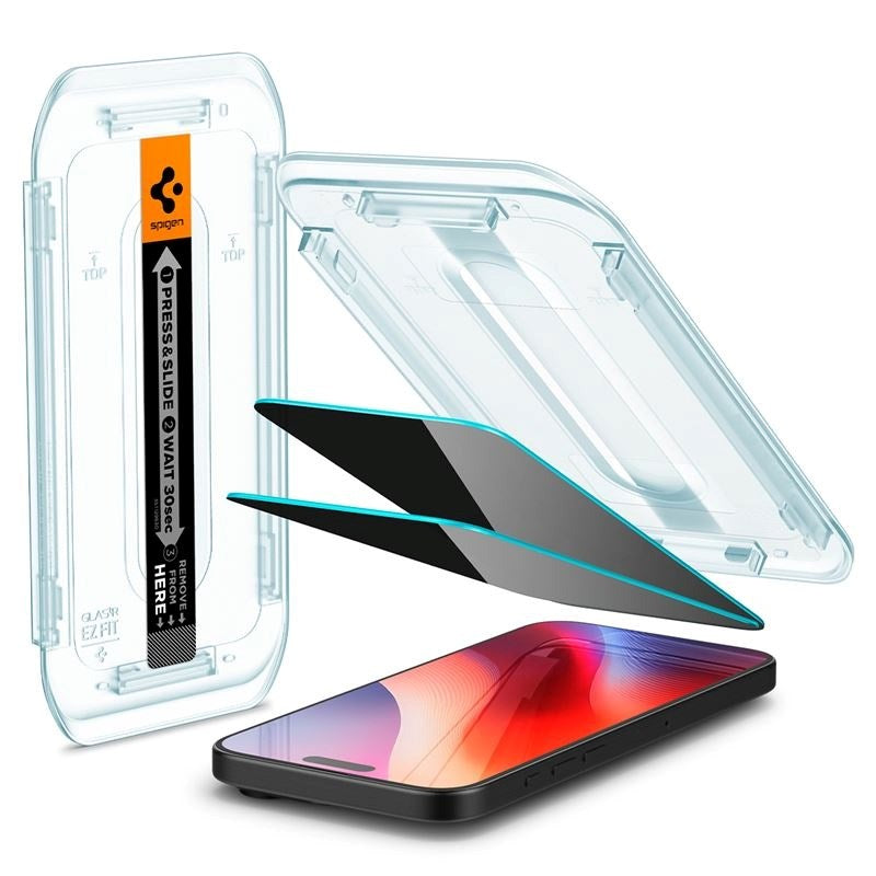 Spigen iPhone 17 / 17 Pro / 16 Pro EZ Fit Glas.tR Skærmbeskyttelse 2. Stk - Privacy Filter - Case Friendly - Gennemsigtig