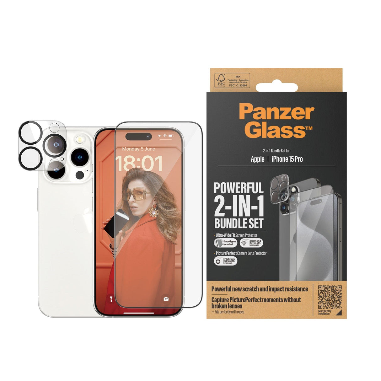 PanzerGlass iPhone 15 Pro 2-i-1 Bundle m. EasyAligner - Skærmbeskyttelse / Kamerabeskyttelse - Gennemsigtig / Sort