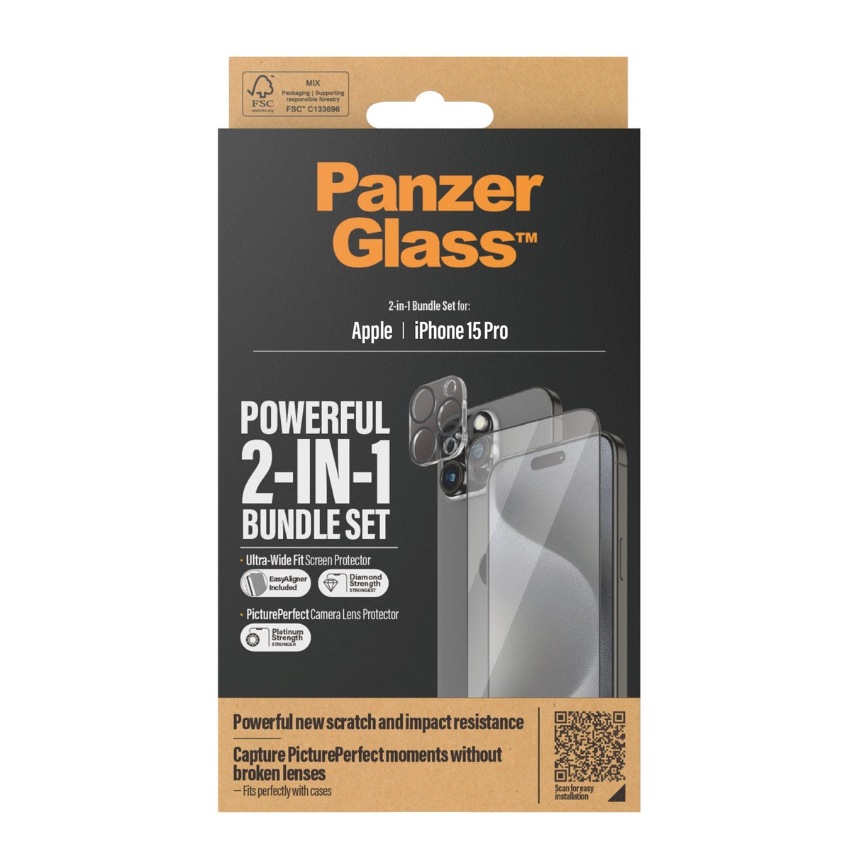 PanzerGlass iPhone 15 Pro 2-i-1 Bundle m. EasyAligner - Skærmbeskyttelse / Kamerabeskyttelse - Gennemsigtig / Sort