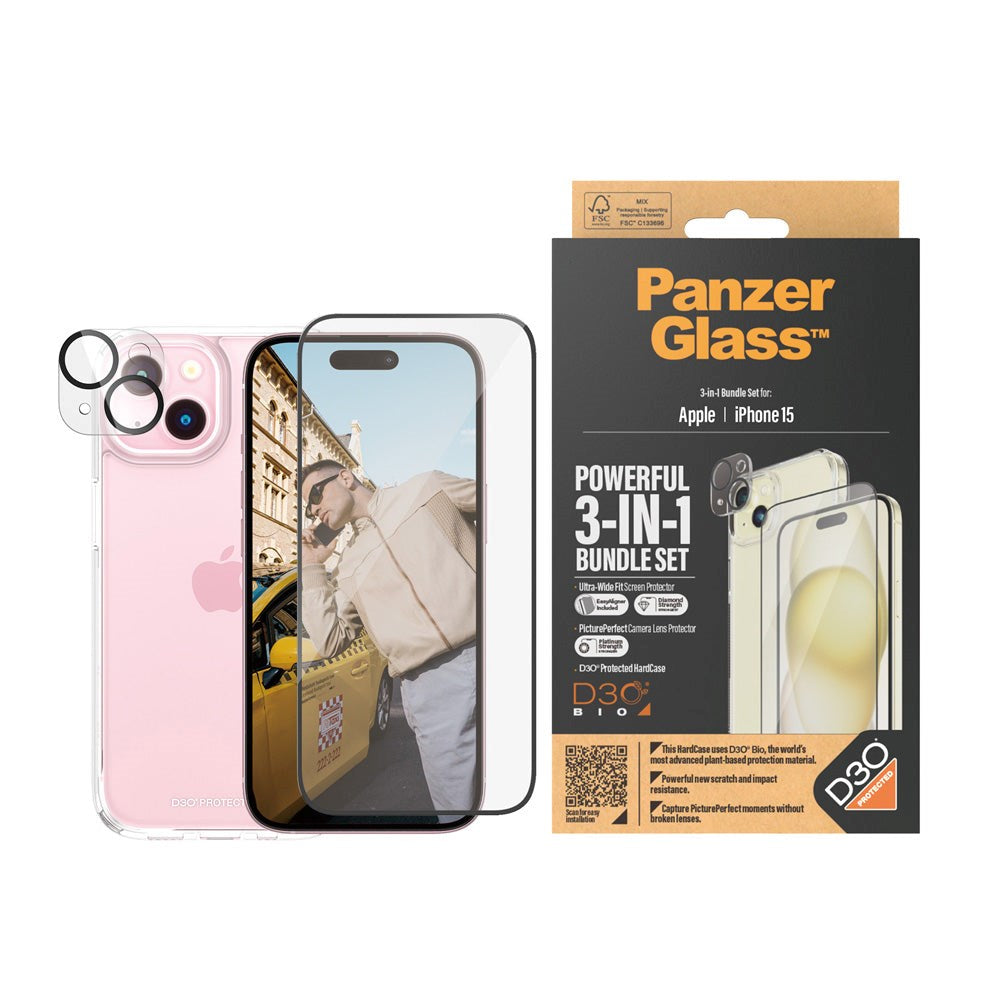 PanzerGlass iPhone 15 3-i-1 Bundle m. EasyAligner - Skærmbeskyttelse (UWF) / Bagsidecover / Kamerabeskyttelse - Gennemsigtig / Sort