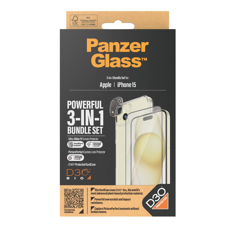 PanzerGlass iPhone 15 3-i-1 Bundle m. EasyAligner - Skærmbeskyttelse (UWF) / Bagsidecover / Kamerabeskyttelse - Gennemsigtig / Sort
